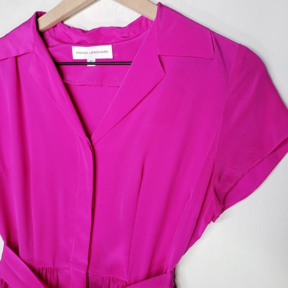 Amanda Uprichard Silk Button Front High Low Dress S Hot Pink Short Sleeve Belted - Picture 2 of 8